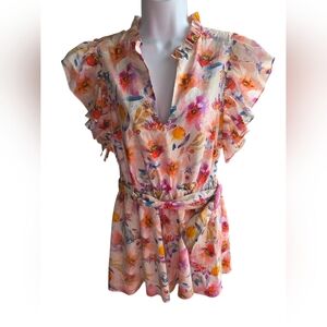 Lavender Brown White Colorful Print Shorts Romper Ruffle Size M